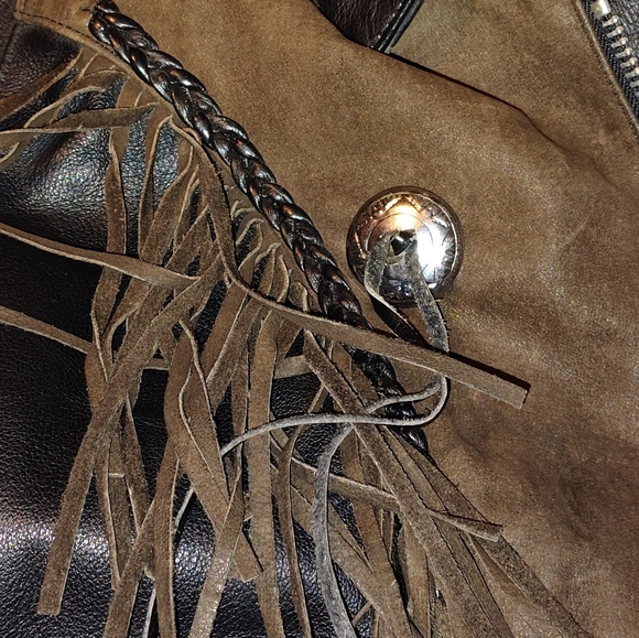 Mens black leather motorcycle jacket w/ brown Suede Fringe Sz-3X Made n Pakistan - Picture 9 of 10